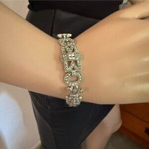 Art Deco Style Beaded Bracelet 7.5in Silver Tone Black Beads Retro Style